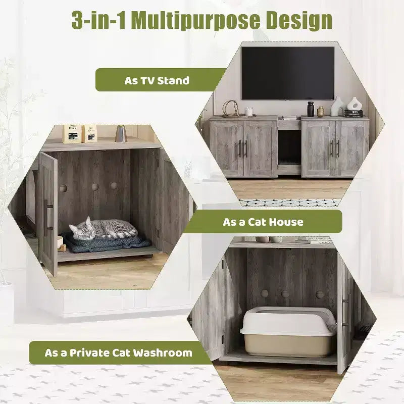 Bac à litière 3-en-1 de 55 po avec doubles compartiments, meuble cache-litière en bois de style ferme, 55x17,7x20,6 po