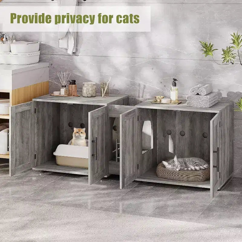 Bac à litière 3-en-1 de 55 po avec doubles compartiments, meuble cache-litière en bois de style ferme, 55x17,7x20,6 po