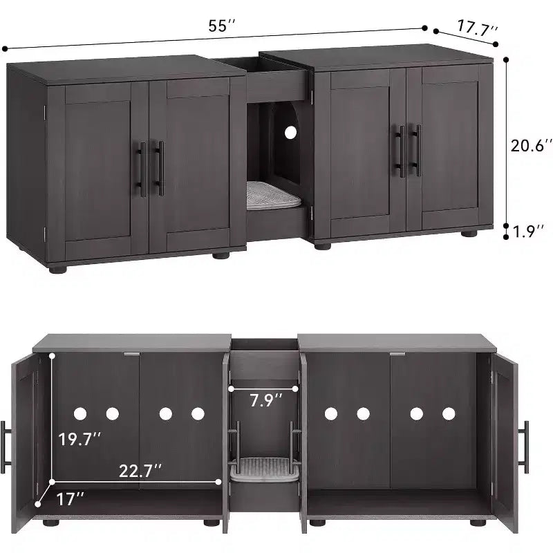 Bac à litière 3-en-1 de 55 po avec doubles compartiments, meuble cache-litière en bois de style ferme, 55x17,7x20,6 po