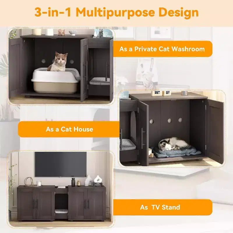 Bac à litière 3-en-1 de 55 po avec doubles compartiments, meuble cache-litière en bois de style ferme, 55x17,7x20,6 po