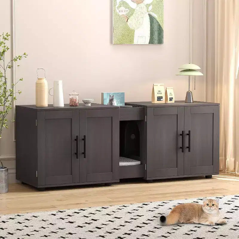 Bac à litière 3-en-1 de 55 po avec doubles compartiments, meuble cache-litière en bois de style ferme, 55x17,7x20,6 po