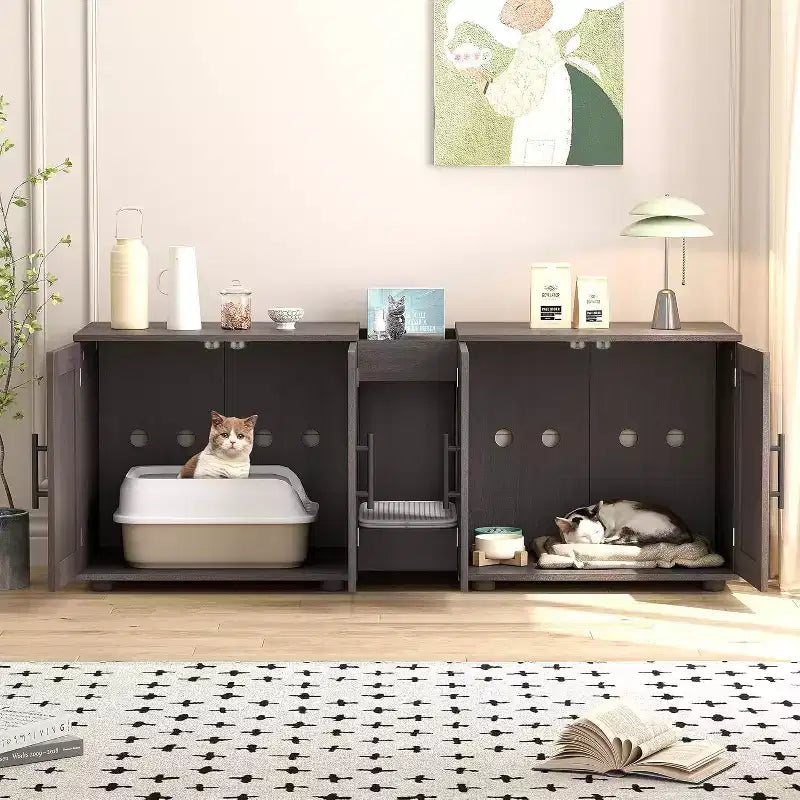 Bac à litière 3-en-1 de 55 po avec doubles compartiments, meuble cache-litière en bois de style ferme, 55x17,7x20,6 po