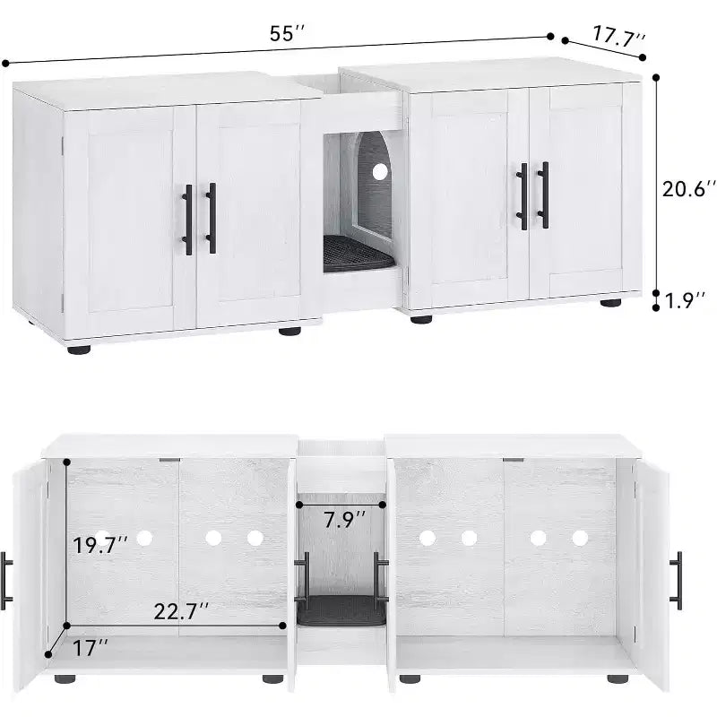Bac à litière 3-en-1 de 55 po avec doubles compartiments, meuble cache-litière en bois de style ferme, 55x17,7x20,6 po