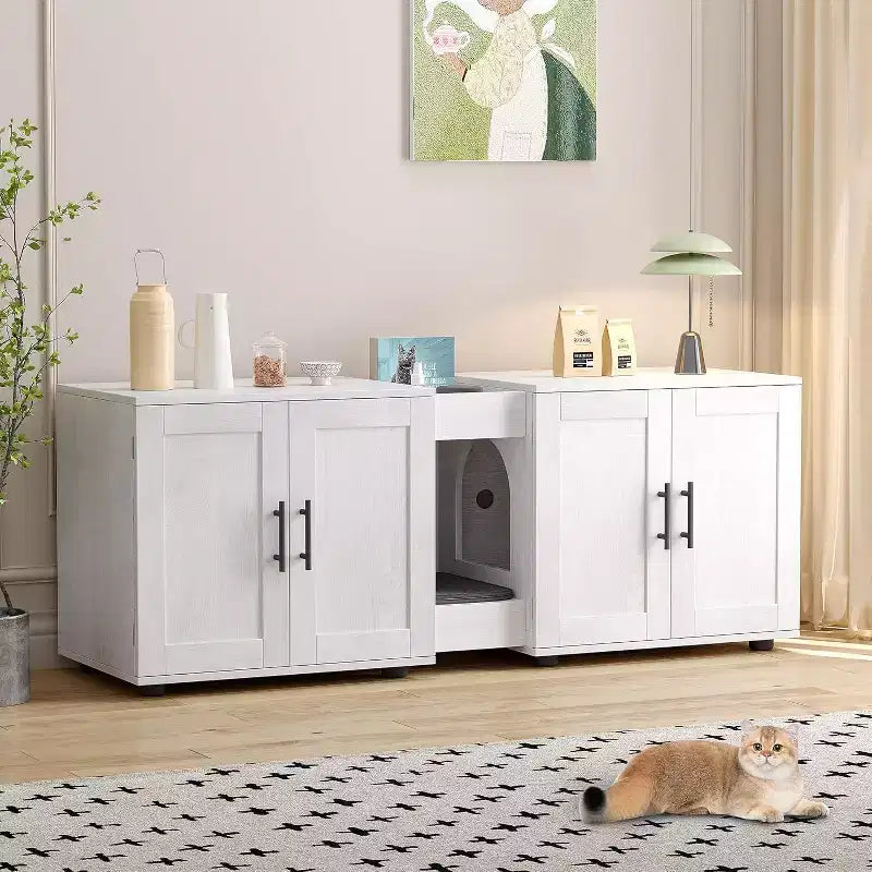 Bac à litière 3-en-1 de 55 po avec doubles compartiments, meuble cache-litière en bois de style ferme, 55x17,7x20,6 po