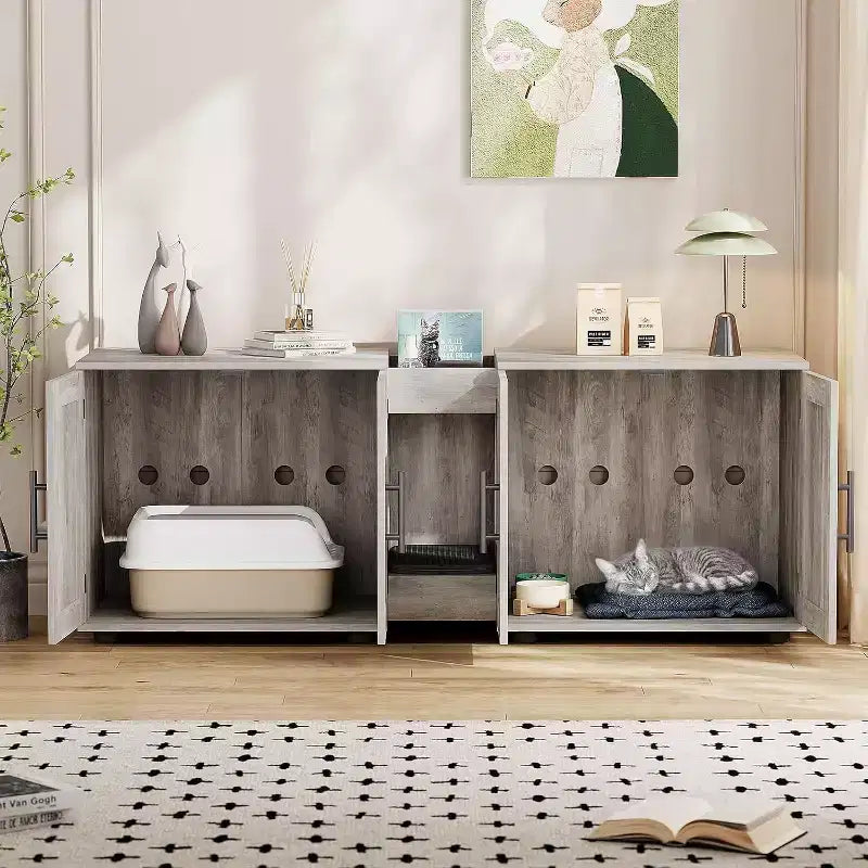 Bac à litière 3-en-1 de 55 po avec doubles compartiments, meuble cache-litière en bois de style ferme, 55x17,7x20,6 po