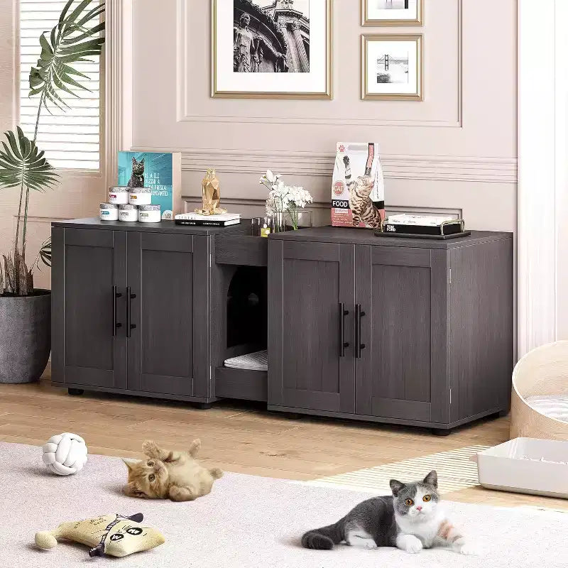 Bac à litière 3-en-1 de 55 po avec doubles compartiments, meuble cache-litière en bois de style ferme, 55x17,7x20,6 po