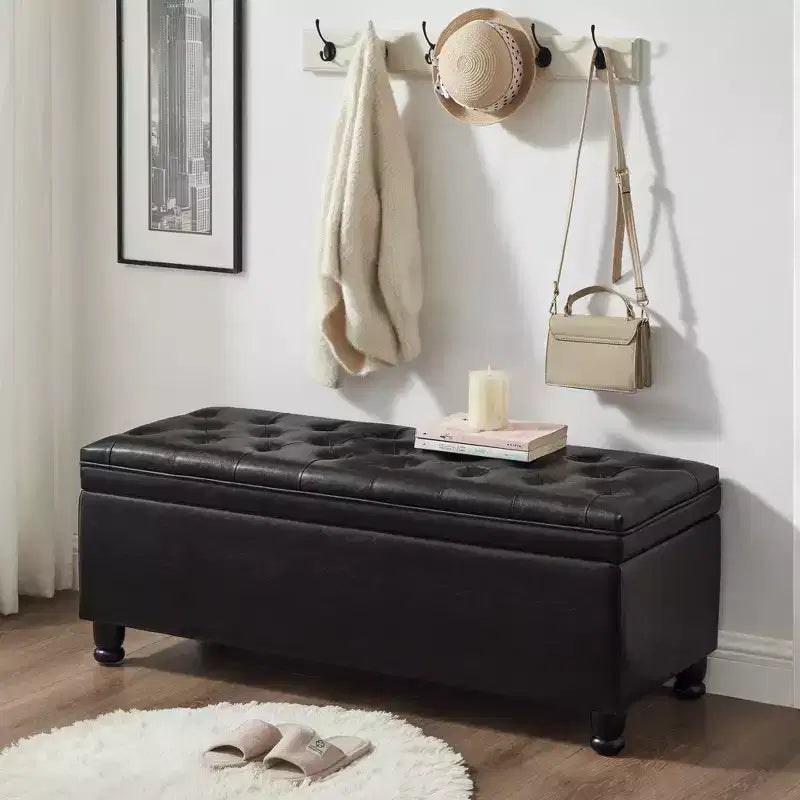 Banc coffre de rangement avec cadre en bois, revêtement en similicuir, détails de boutons en lin, 45x18x18 po