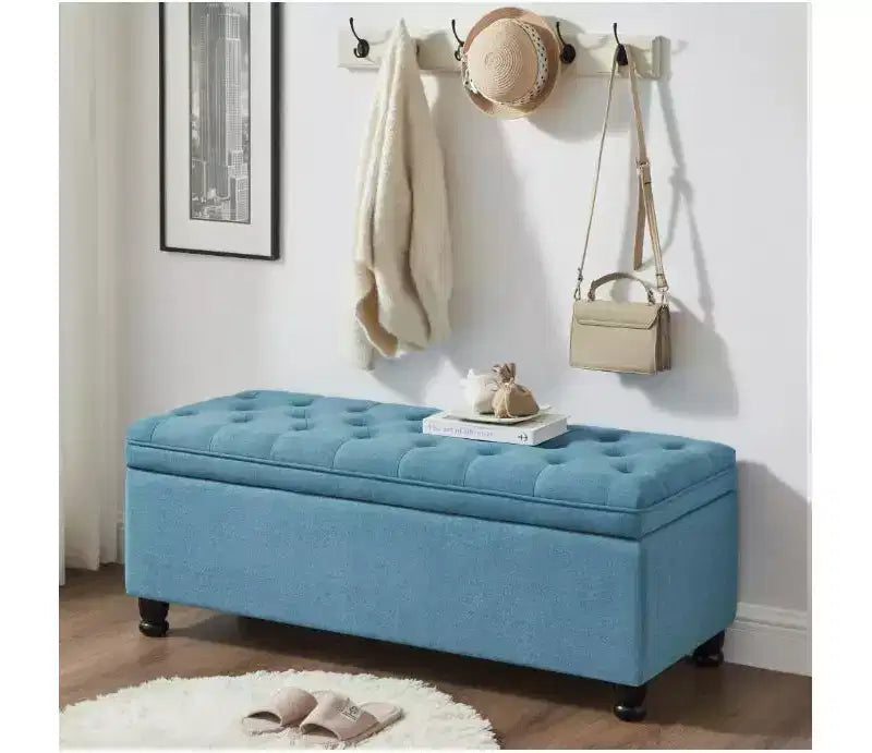 Banc coffre de rangement avec cadre en bois, revêtement en similicuir, détails de boutons en lin, 45x18x18 po