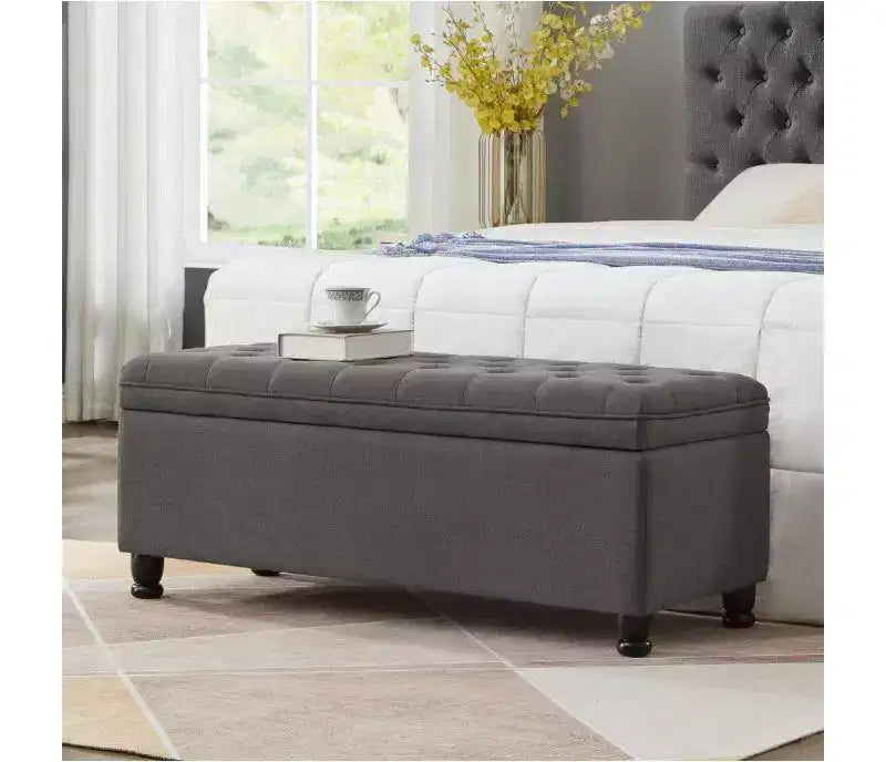 Banc coffre de rangement avec cadre en bois, revêtement en similicuir, détails de boutons en lin, 45x18x18 po