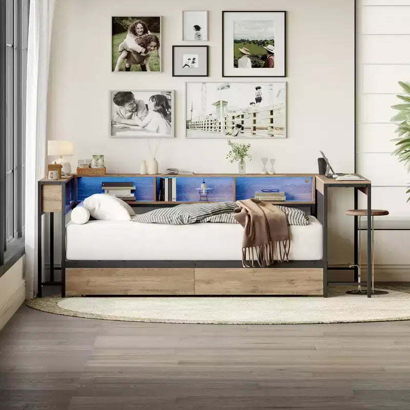 Cadre de lit d'angle simple avec bibliothèque et 2 tiroirs de rangement sous le lit, lit de repos réversible, gris, 46,9x96,9x31,5 pouces