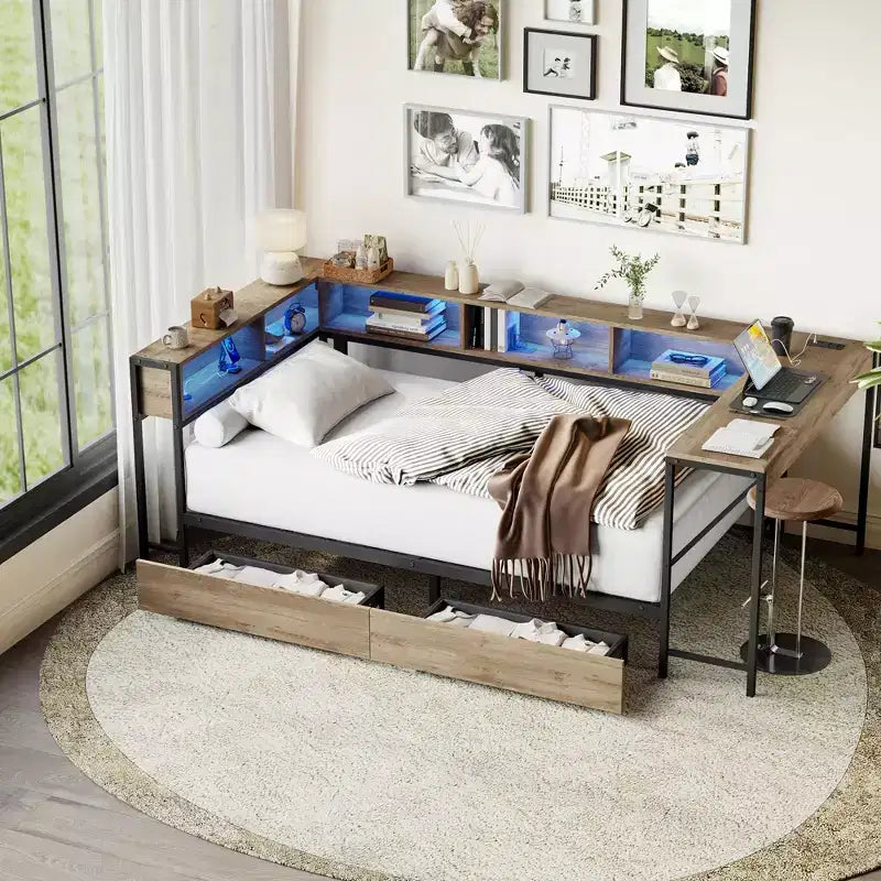 Cadre de lit d'angle simple avec bibliothèque et 2 tiroirs de rangement sous le lit, lit de repos réversible, gris, 46,9x96,9x31,5 pouces