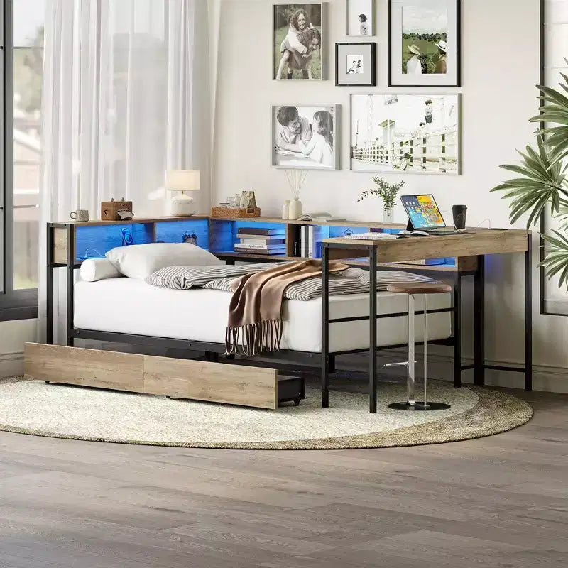 Cadre de lit d'angle simple avec bibliothèque et 2 tiroirs de rangement sous le lit, lit de repos réversible, gris, 46,9x96,9x31,5 pouces
