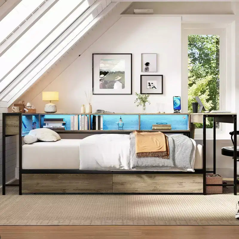 Cadre de lit d'angle simple avec bibliothèque et 2 tiroirs de rangement sous le lit, lit de repos réversible, gris, 46,9x96,9x31,5 pouces