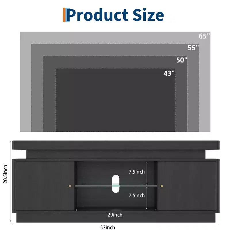 Meuble TV moderne pour téléviseurs jusqu'à 65 pouces, meuble de divertissement en bois de 63 pouces avec placards de rangement, 57x15x20,5 pouces
