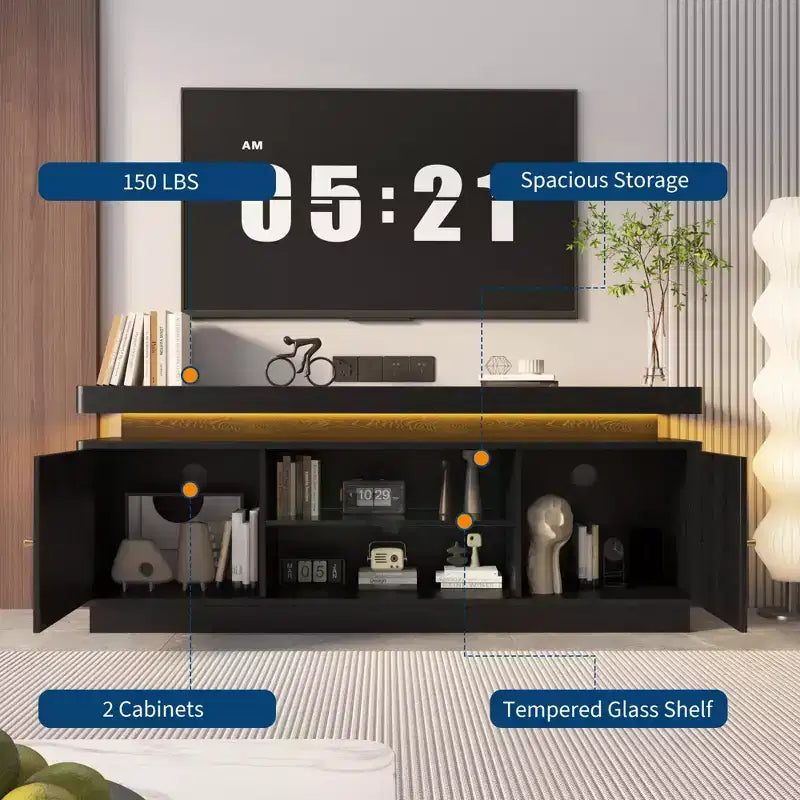 Meuble TV moderne pour téléviseurs jusqu'à 65 pouces, meuble de divertissement en bois de 63 pouces avec placards de rangement, 57x15x20,5 pouces