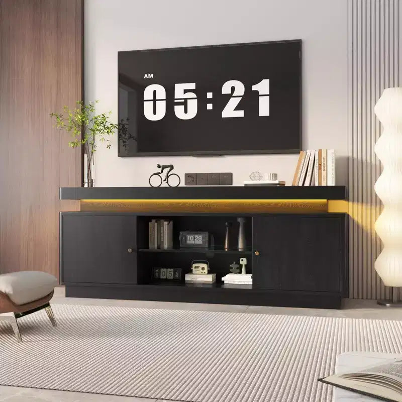 Meuble TV moderne pour téléviseurs jusqu'à 65 pouces, meuble de divertissement en bois de 63 pouces avec placards de rangement, 57x15x20,5 pouces