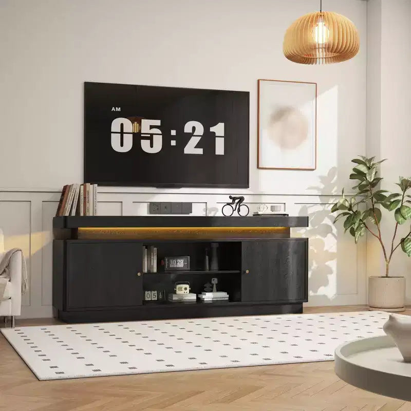 Meuble TV moderne pour téléviseurs jusqu'à 65 pouces, meuble de divertissement en bois de 63 pouces avec placards de rangement, 57x15x20,5 pouces