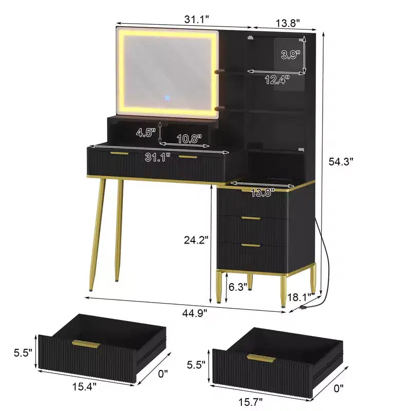 Coiffeuse avec prise électrique, plateau en verre, miroir éclairé, 5 tiroirs et porte en acrylique, 114 x 46 x 138 cm