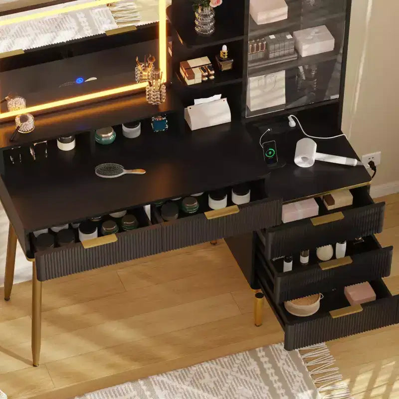 Coiffeuse avec prise électrique, plateau en verre, miroir éclairé, 5 tiroirs et porte en acrylique, 114 x 46 x 138 cm