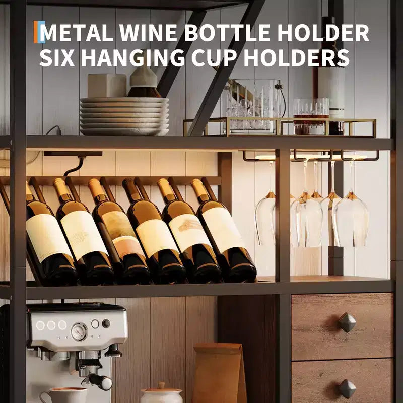 Meuble bar à vin haut de 180 cm avec lumière LED, casier à vin industriel avec porte-verres et armoires de rangement, 107x38x180 cm