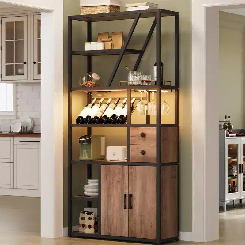 Meuble bar à vin haut de 180 cm avec lumière LED, casier à vin industriel avec porte-verres et armoires de rangement, 107x38x180 cm