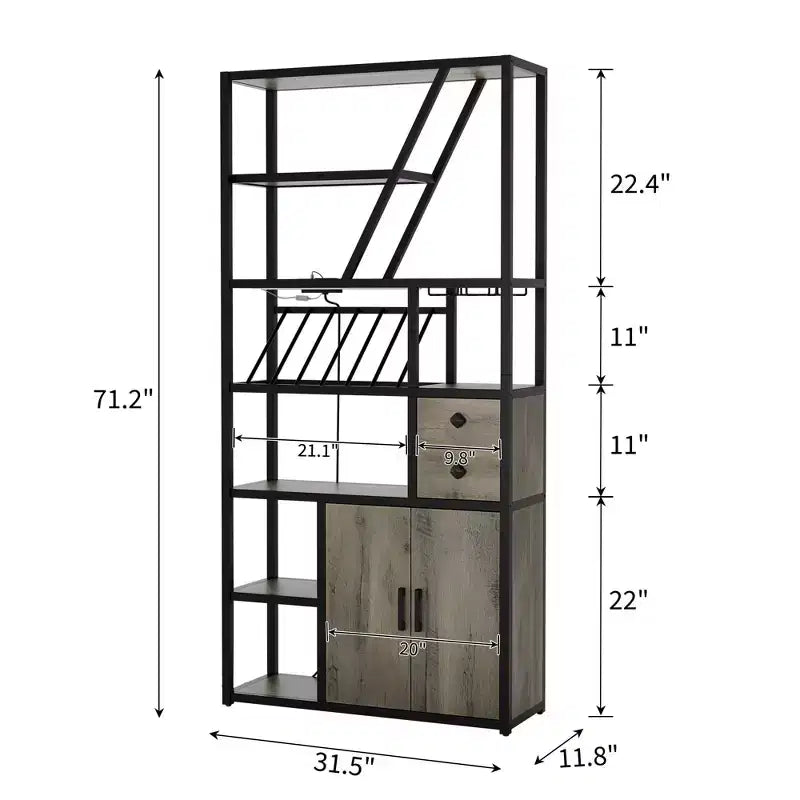 Meuble bar à vin haut de 180 cm avec lumière LED, casier à vin industriel avec porte-verres et armoires de rangement, 107x38x180 cm