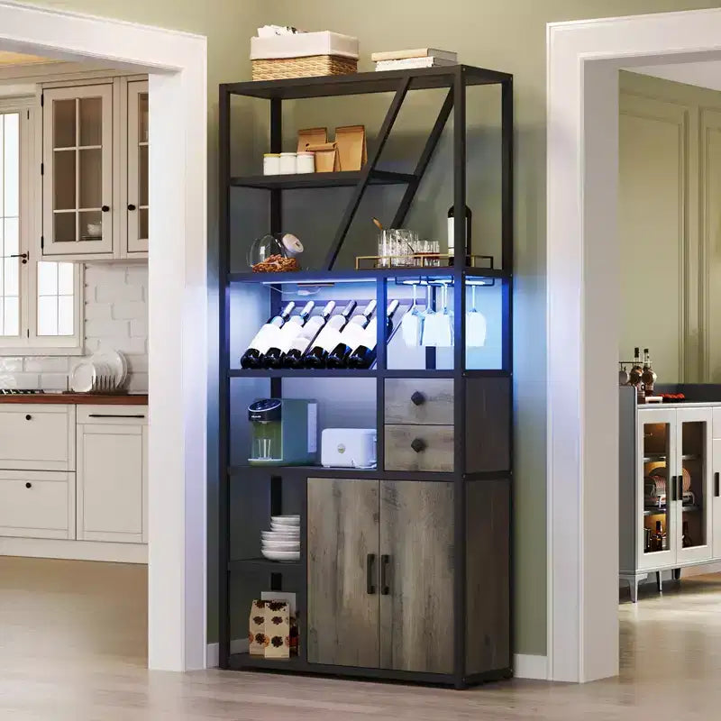 Meuble bar à vin haut de 180 cm avec lumière LED, casier à vin industriel avec porte-verres et armoires de rangement, 107x38x180 cm
