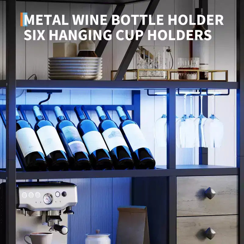Meuble bar à vin haut de 180 cm avec lumière LED, casier à vin industriel avec porte-verres et armoires de rangement, 107x38x180 cm