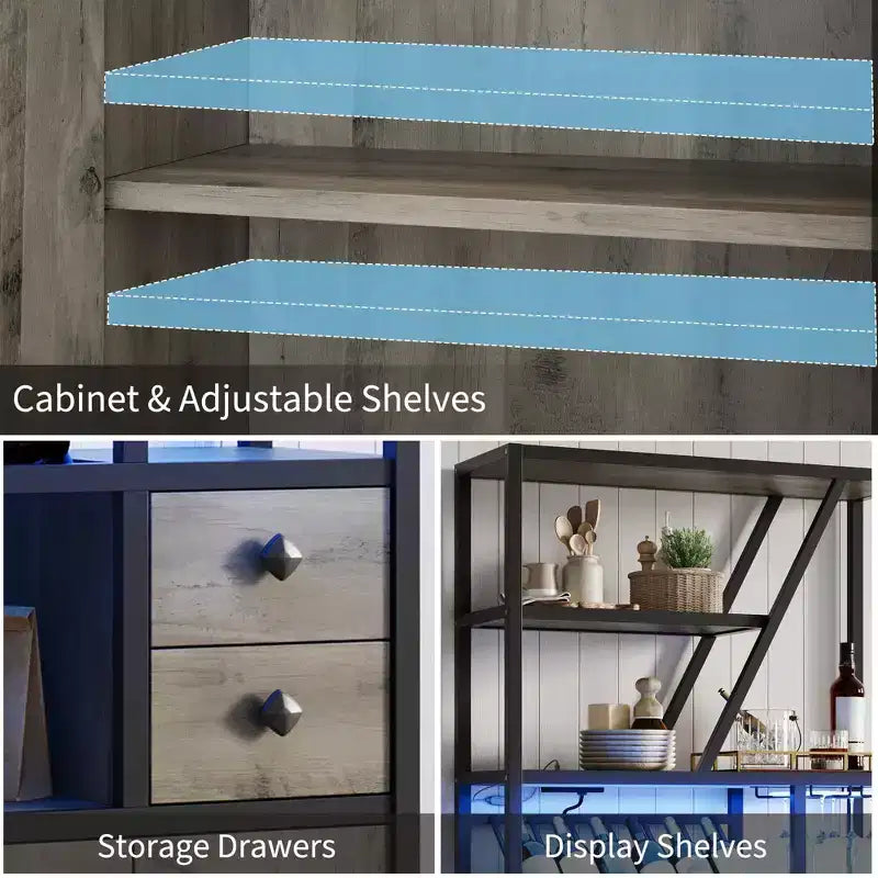 Meuble bar à vin haut de 180 cm avec lumière LED, casier à vin industriel avec porte-verres et armoires de rangement, 107x38x180 cm