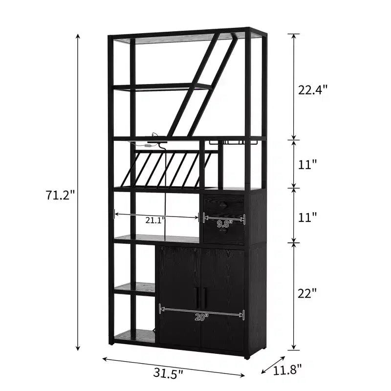 Meuble bar à vin haut de 180 cm avec lumière LED, casier à vin industriel avec porte-verres et armoires de rangement, 107x38x180 cm