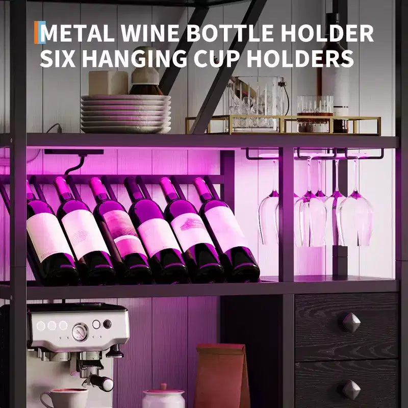 Meuble bar à vin haut de 180 cm avec lumière LED, casier à vin industriel avec porte-verres et armoires de rangement, 107x38x180 cm
