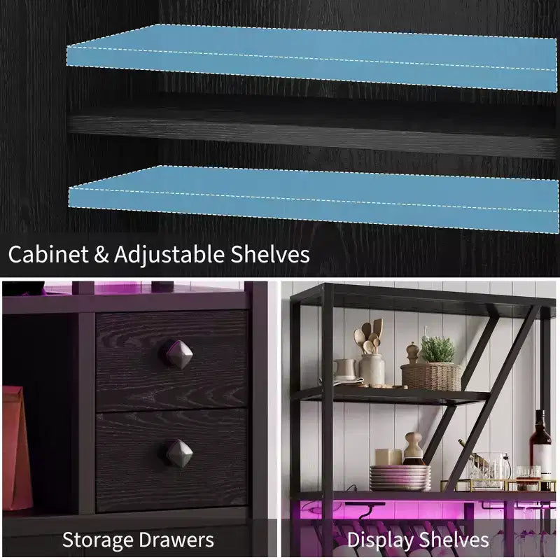 Meuble bar à vin haut de 180 cm avec lumière LED, casier à vin industriel avec porte-verres et armoires de rangement, 107x38x180 cm