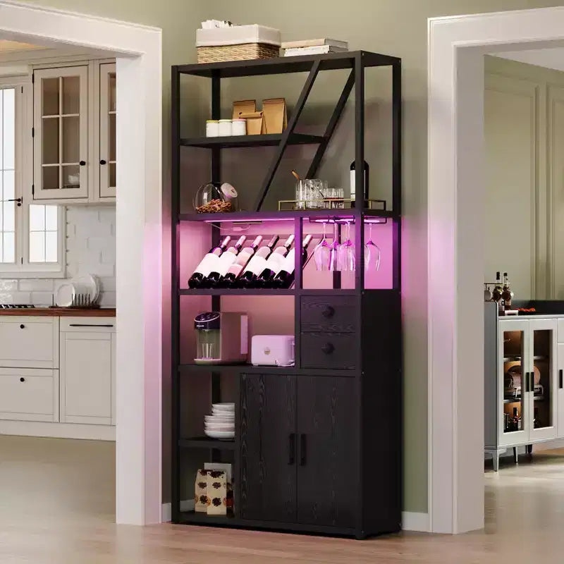 Meuble bar à vin haut de 180 cm avec lumière LED, casier à vin industriel avec porte-verres et armoires de rangement, 107x38x180 cm