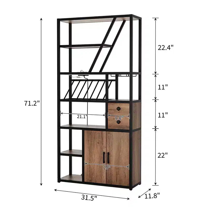 Meuble bar à vin haut de 180 cm avec lumière LED, casier à vin industriel avec porte-verres et armoires de rangement, 107x38x180 cm