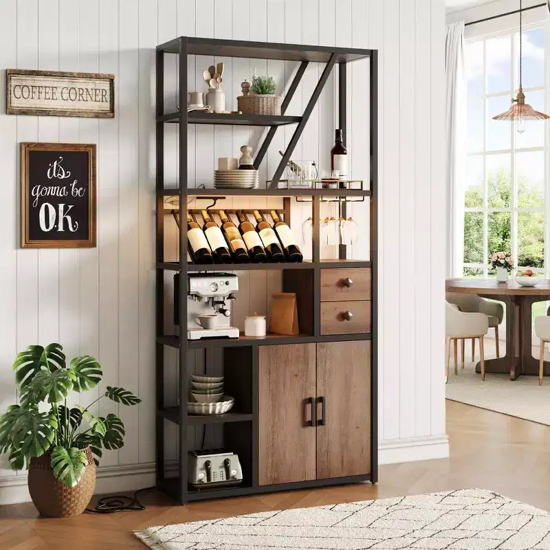 Meuble bar à vin haut de 180 cm avec lumière LED, casier à vin industriel avec porte-verres et armoires de rangement, 107x38x180 cm