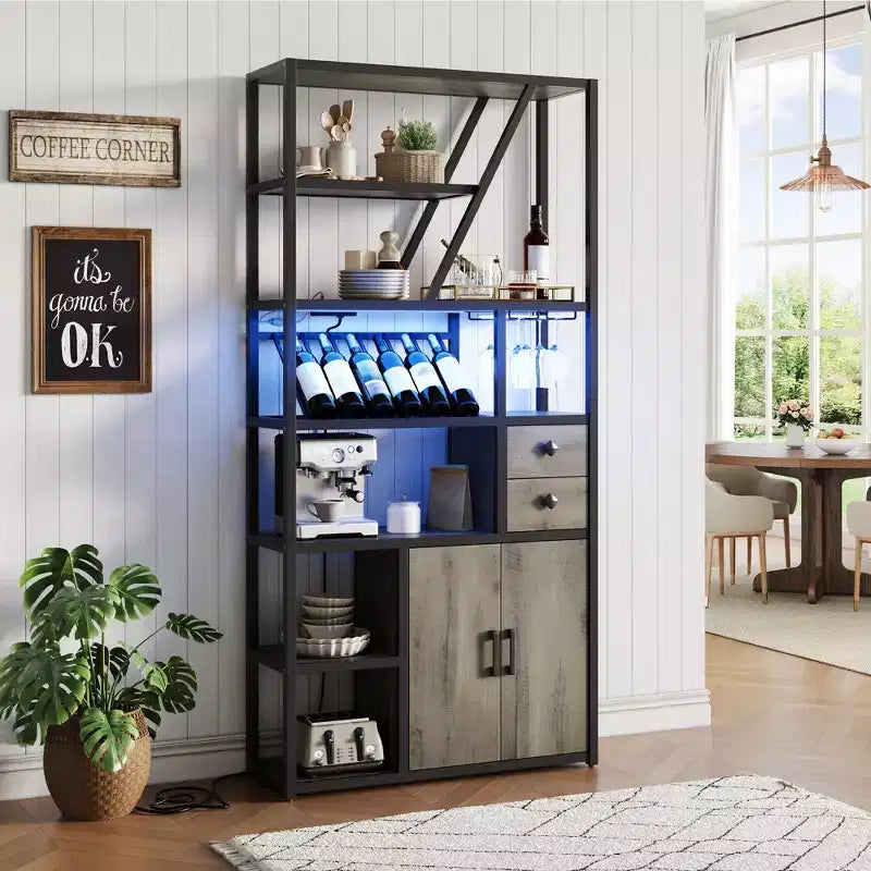 Meuble bar à vin haut de 180 cm avec lumière LED, casier à vin industriel avec porte-verres et armoires de rangement, 107x38x180 cm