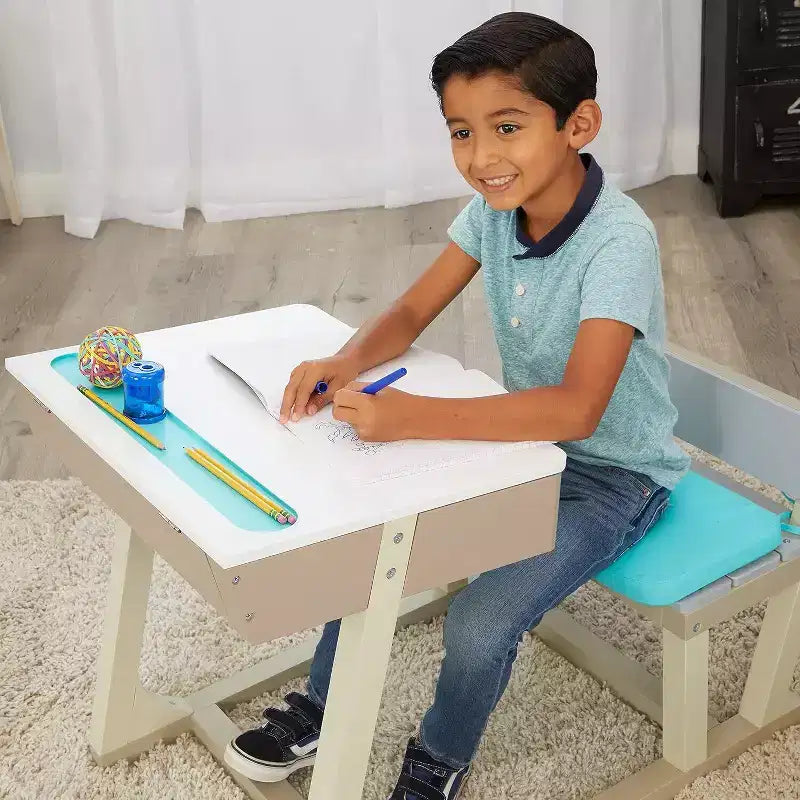 Bureau d'étude en bois pour enfants avec rangement, table de taille enfant pour l'apprentissage et les activités créatives, plateau de 99x58 cm