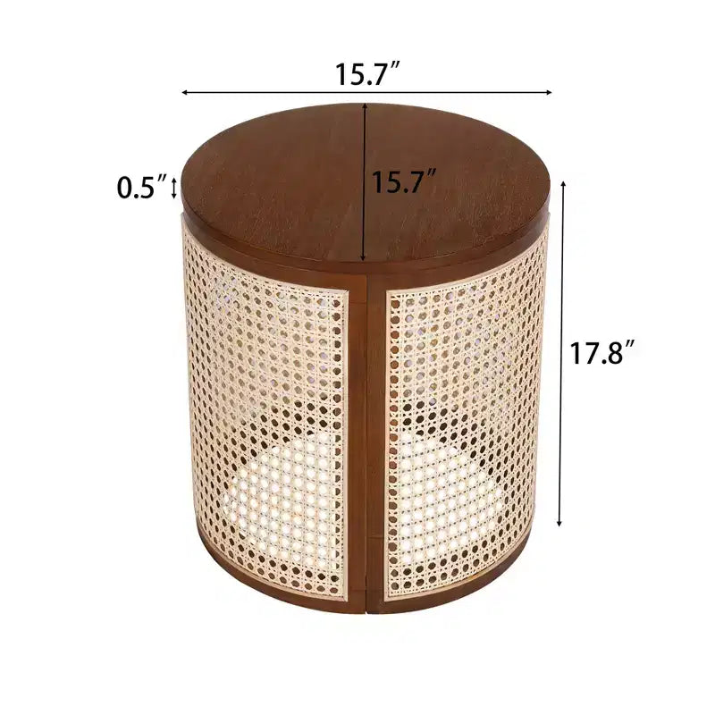 Table d'appoint ronde en rotin avec plateau en bois massif en caoutchouc, table de chevet de 40 cm, 40x40x45 cm