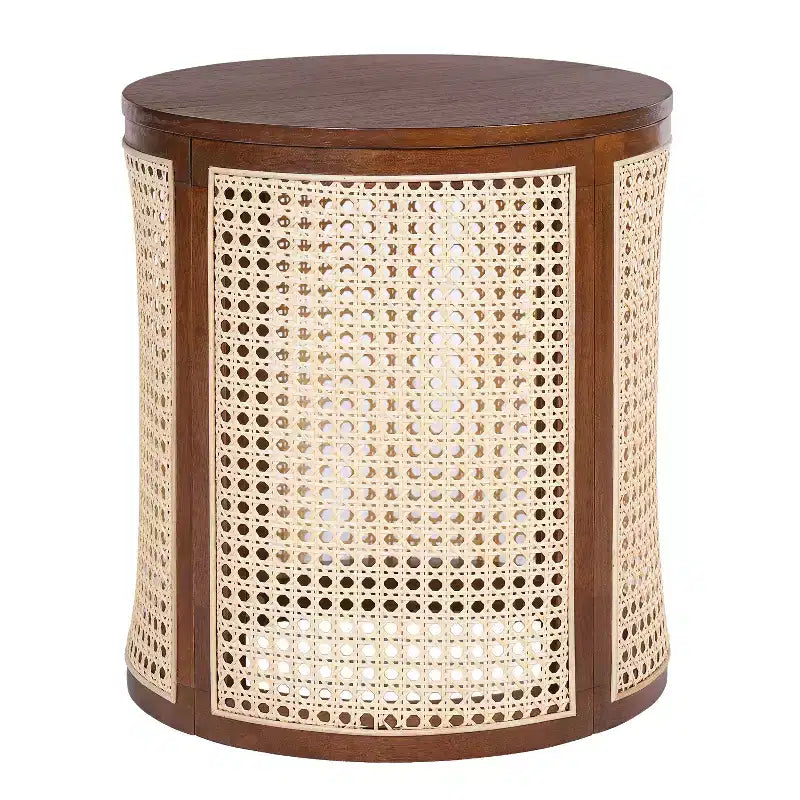 Table d'appoint ronde en rotin avec plateau en bois massif en caoutchouc, table de chevet de 40 cm, 40x40x45 cm
