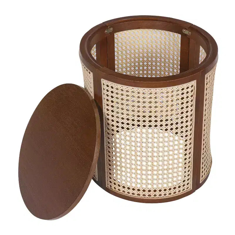 Table d'appoint ronde en rotin avec plateau en bois massif en caoutchouc, table de chevet de 40 cm, 40x40x45 cm