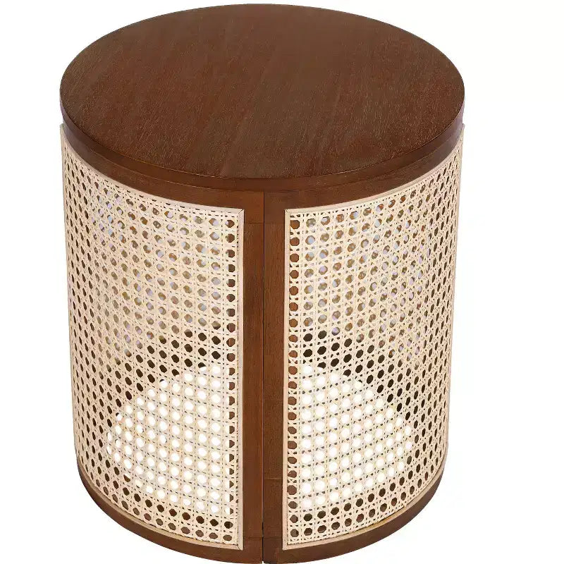 Table d'appoint ronde en rotin avec plateau en bois massif en caoutchouc, table de chevet de 40 cm, 40x40x45 cm