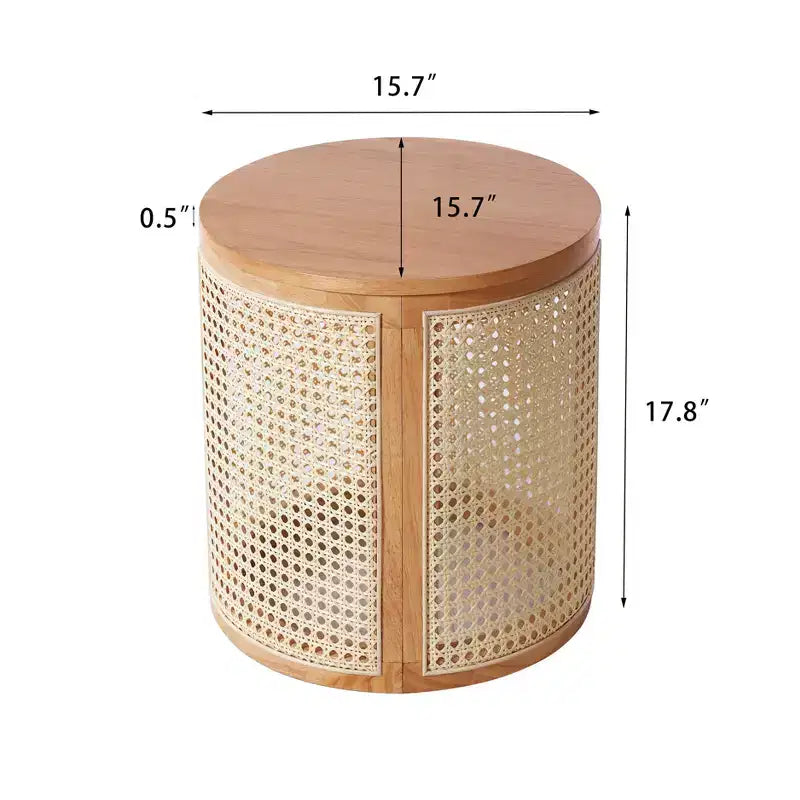 Table d'appoint ronde en rotin avec plateau en bois massif en caoutchouc, table de chevet de 40 cm, 40x40x45 cm