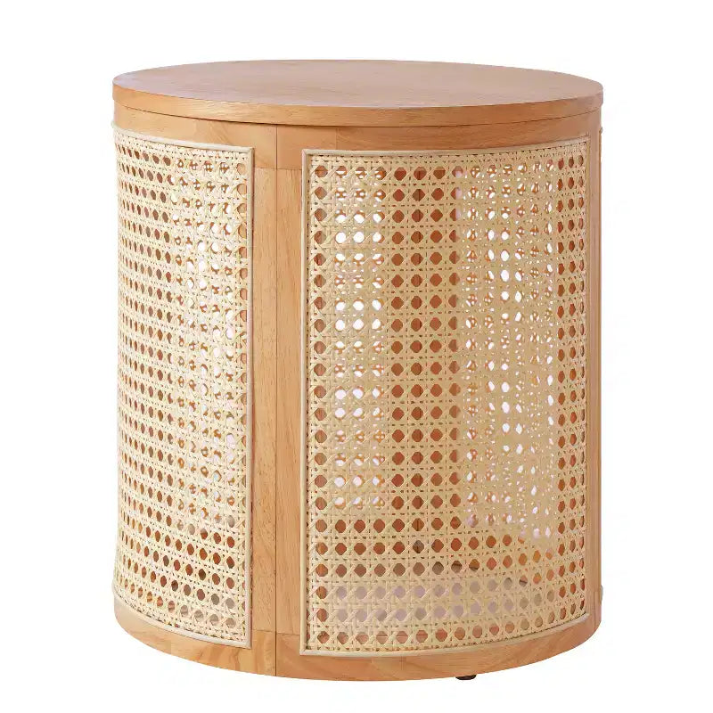 Table d'appoint ronde en rotin avec plateau en bois massif en caoutchouc, table de chevet de 40 cm, 40x40x45 cm