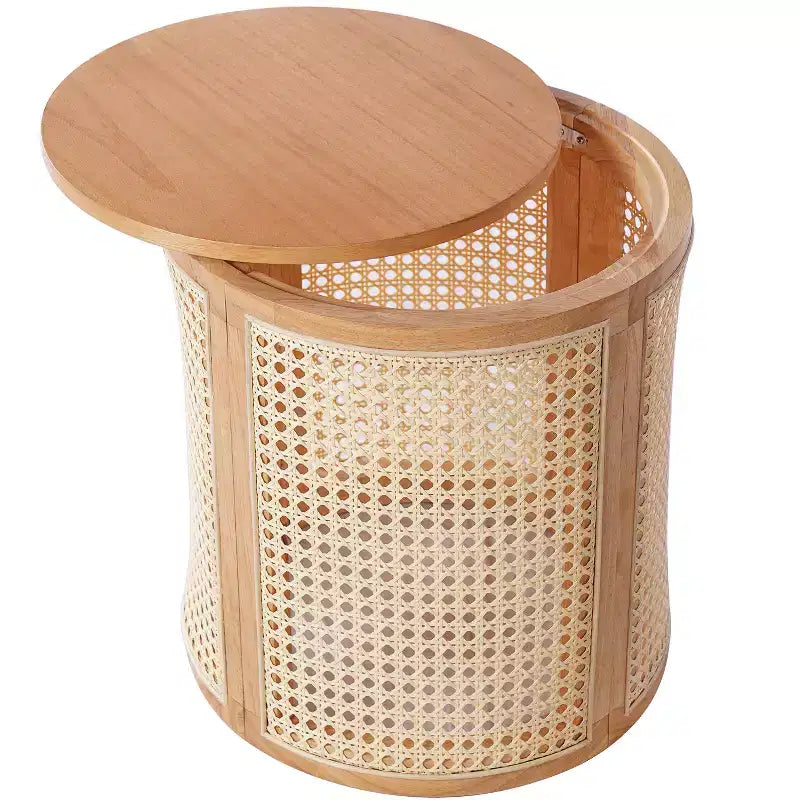 Table d'appoint ronde en rotin avec plateau en bois massif en caoutchouc, table de chevet de 40 cm, 40x40x45 cm