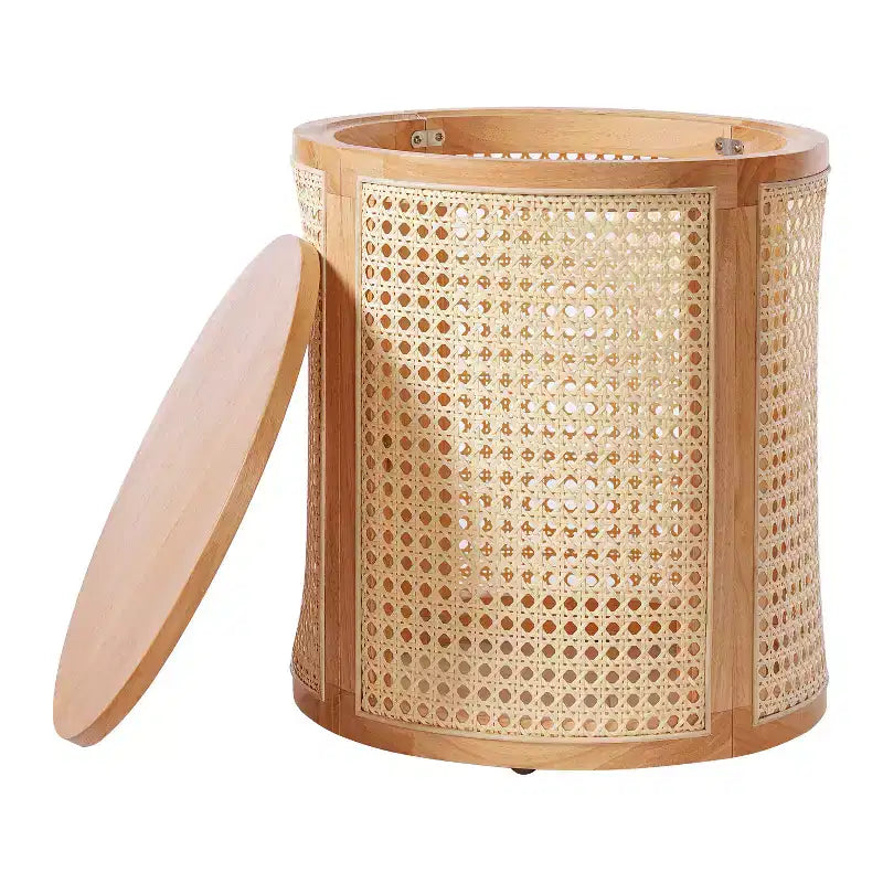 Table d'appoint ronde en rotin avec plateau en bois massif en caoutchouc, table de chevet de 40 cm, 40x40x45 cm