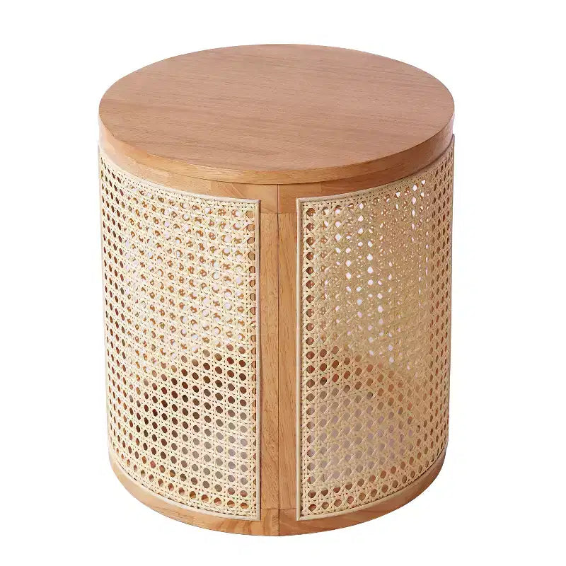 Table d'appoint ronde en rotin avec plateau en bois massif en caoutchouc, table de chevet de 40 cm, 40x40x45 cm