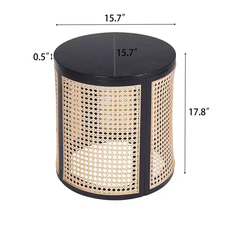 Table d'appoint ronde en rotin avec plateau en bois massif en caoutchouc, table de chevet de 40 cm, 40x40x45 cm