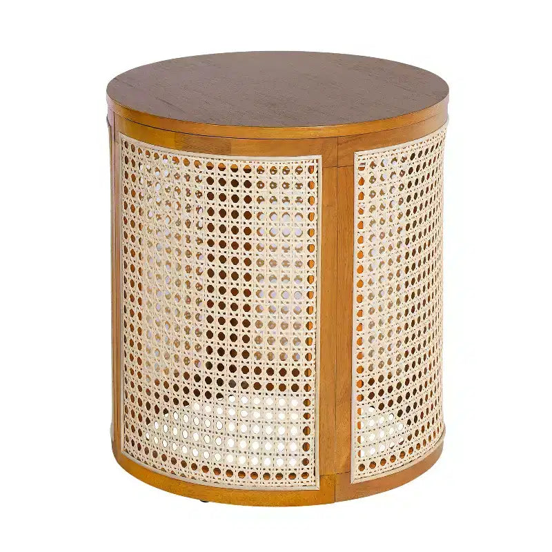 Table d'appoint ronde en rotin avec plateau en bois massif en caoutchouc, table de chevet de 40 cm, 40x40x45 cm