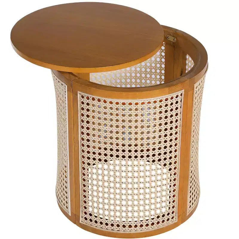Table d'appoint ronde en rotin avec plateau en bois massif en caoutchouc, table de chevet de 40 cm, 40x40x45 cm