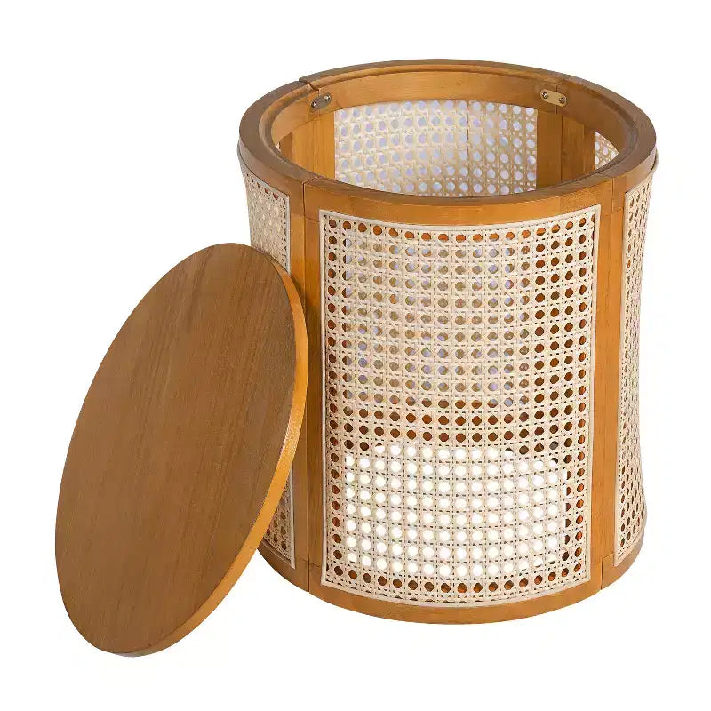 Table d'appoint ronde en rotin avec plateau en bois massif en caoutchouc, table de chevet de 40 cm, 40x40x45 cm